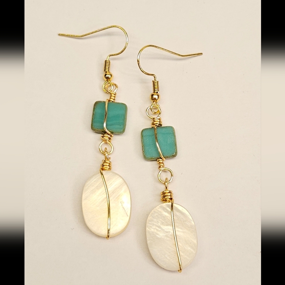 Mother of Pearl And Turquoise Glass Beaded Earrings